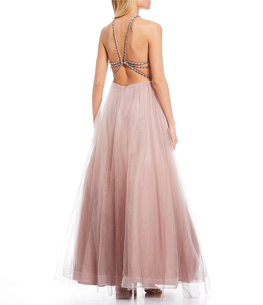 Coya Collection Spaghetti Strap Cage-Back Beaded Ombre Mesh Ball Gown