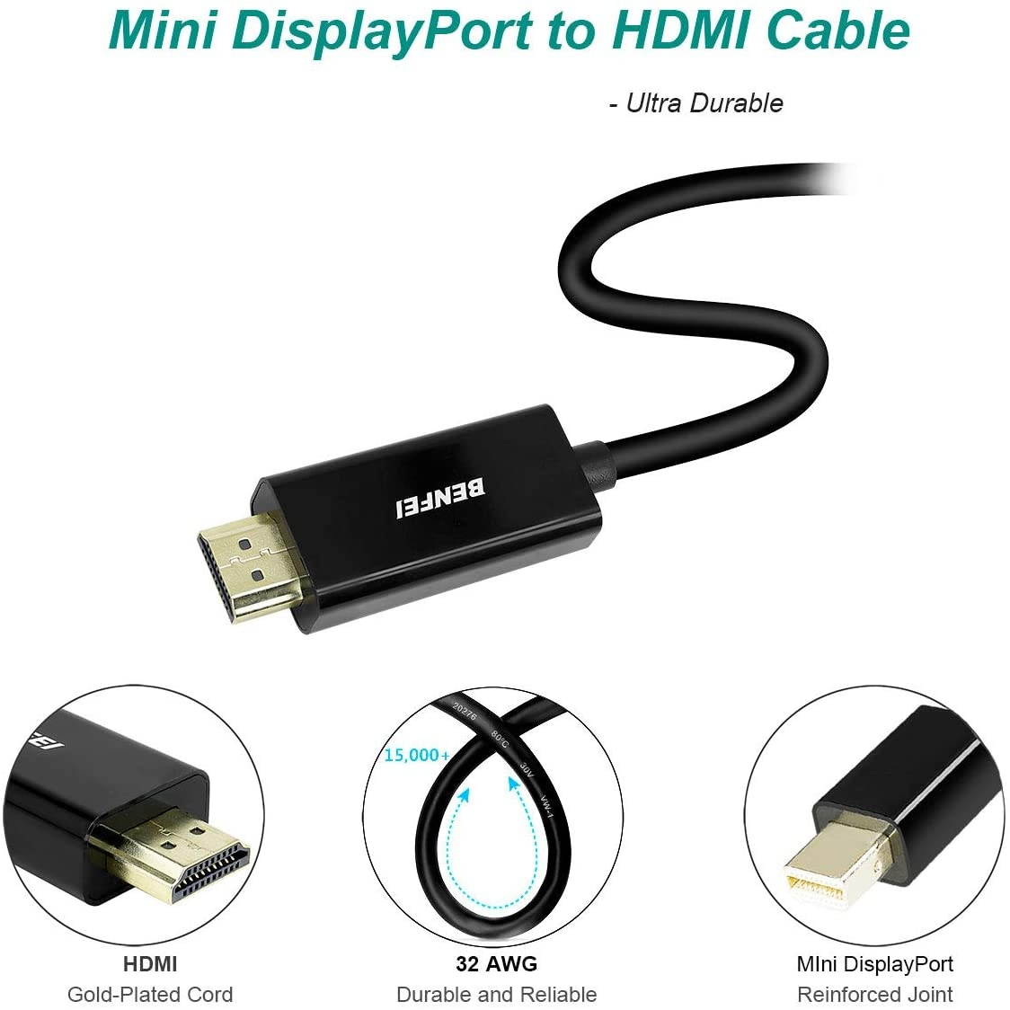 Mini DisplayPort to HDMI Cable Benfei Mini DP to HDMI 6 Feet Cable (Thunderbolt Compatible) with MacBook Air/Pro Surface Pro/Dock Monitor Projector