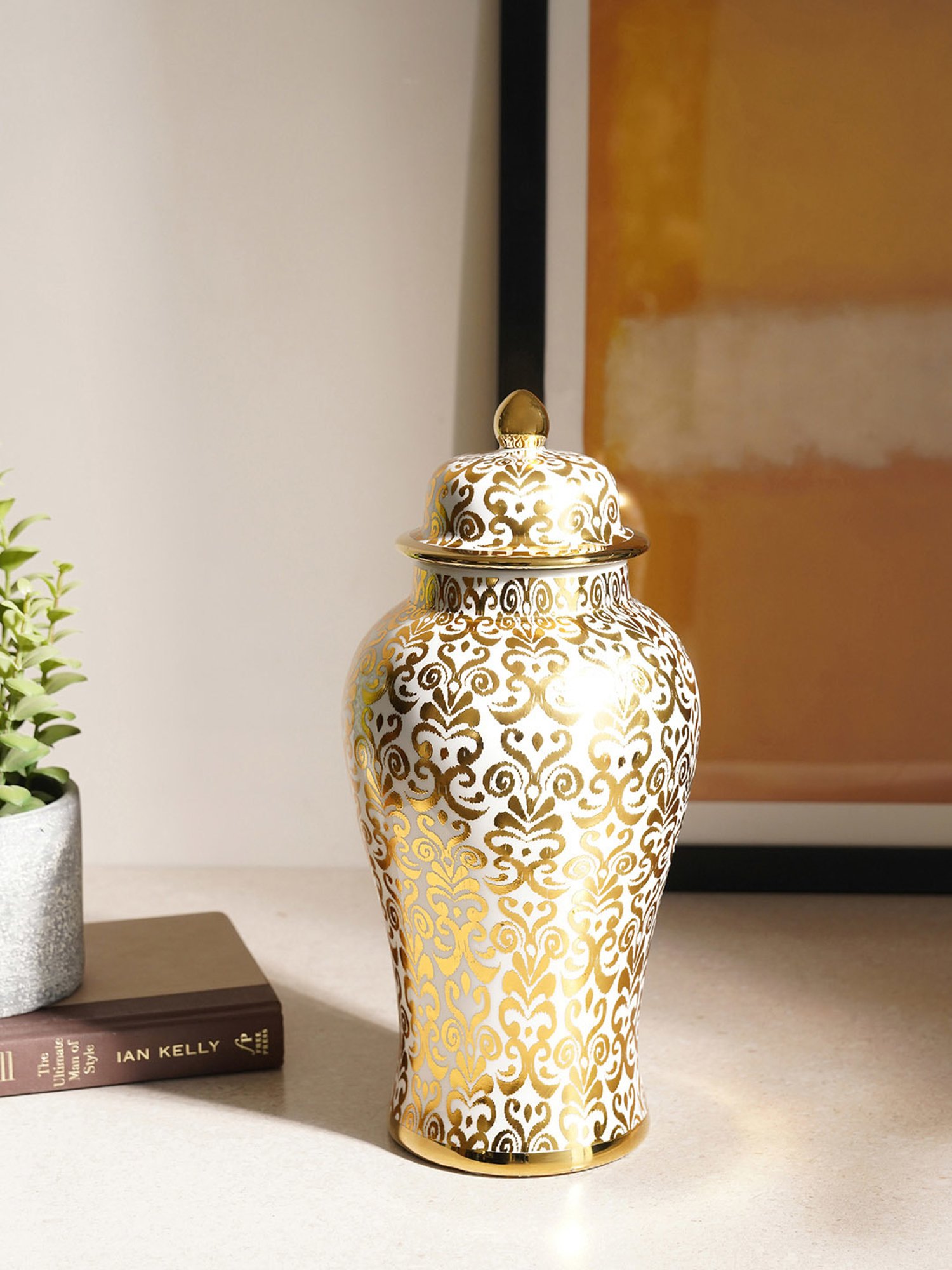 Pure Home and Living Gold Ceramic Printed Urn