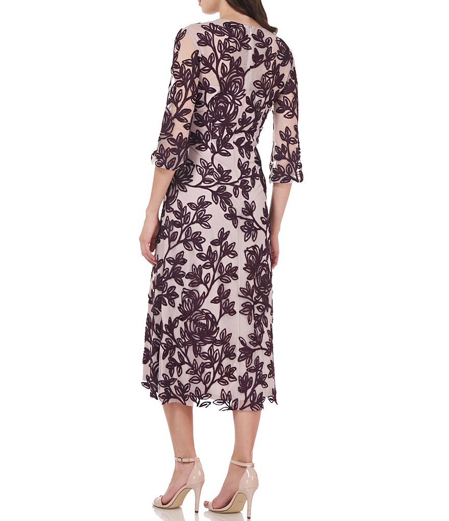 JS Collections Harlow V-Neck 3/4 Sleeve Illusion Lace Midi Dress