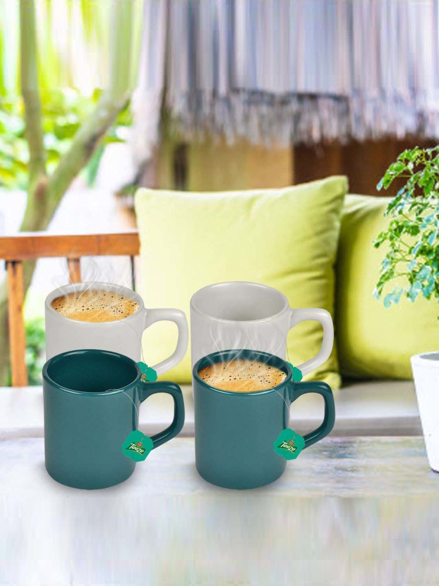 Urban Chef White & Dark Green Ceramic Droite Handcrafted Microwave Safe Cup - Set of 4