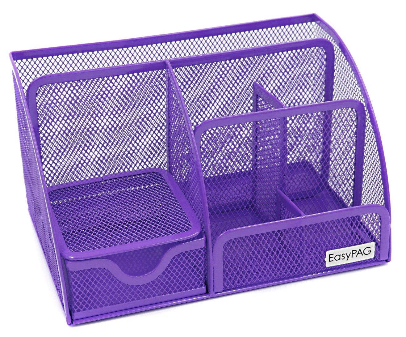 EasyPAG Mesh Desk Organizer Office Accessories Caddy 5 Compartments with Drawer,Purple