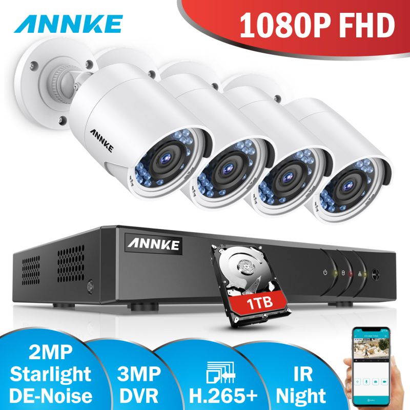 ANNKE CCTV Camera System 8 Channel 3MP 5-in-1 H.265+ DVR and 4&times;1080P Starlight DE-Noise HD Weatherproof Cameras Email Alert with Snapshots, Remote Access with 1TB HDD