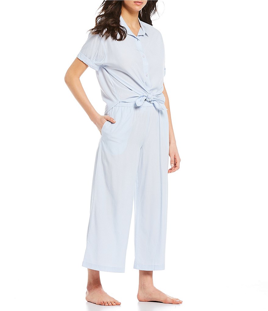 Jasmine & Ginger Striped Print Tie Front Woven Sleep Top