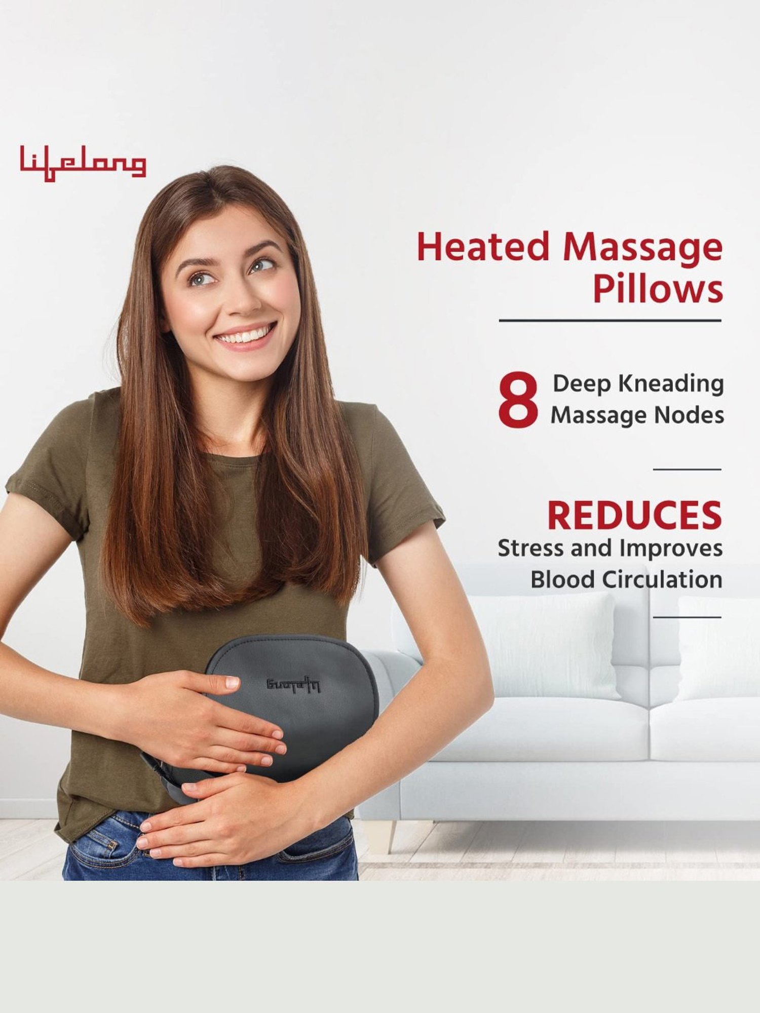 Lifelong LLM369 Cushion and Body Massager with Heat and Strong 8 Deep Kneading Nodes (Black)