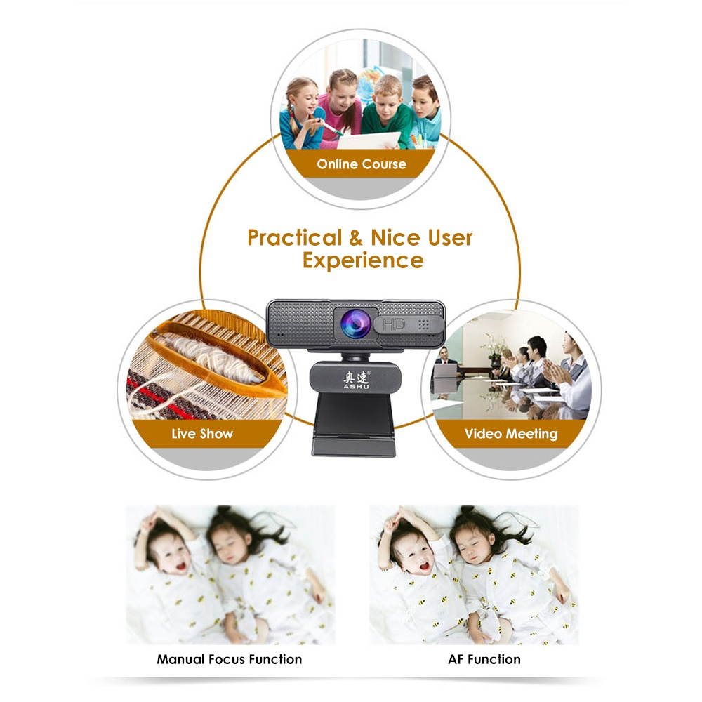 ASHU 1920x1080P High Definition Video Webcam with Double Noise Reduction Mic Autofocus Function Web Cam USB2.0 Charging Port Computer PC Camera for Video Conference Live Streaming Recording Portable