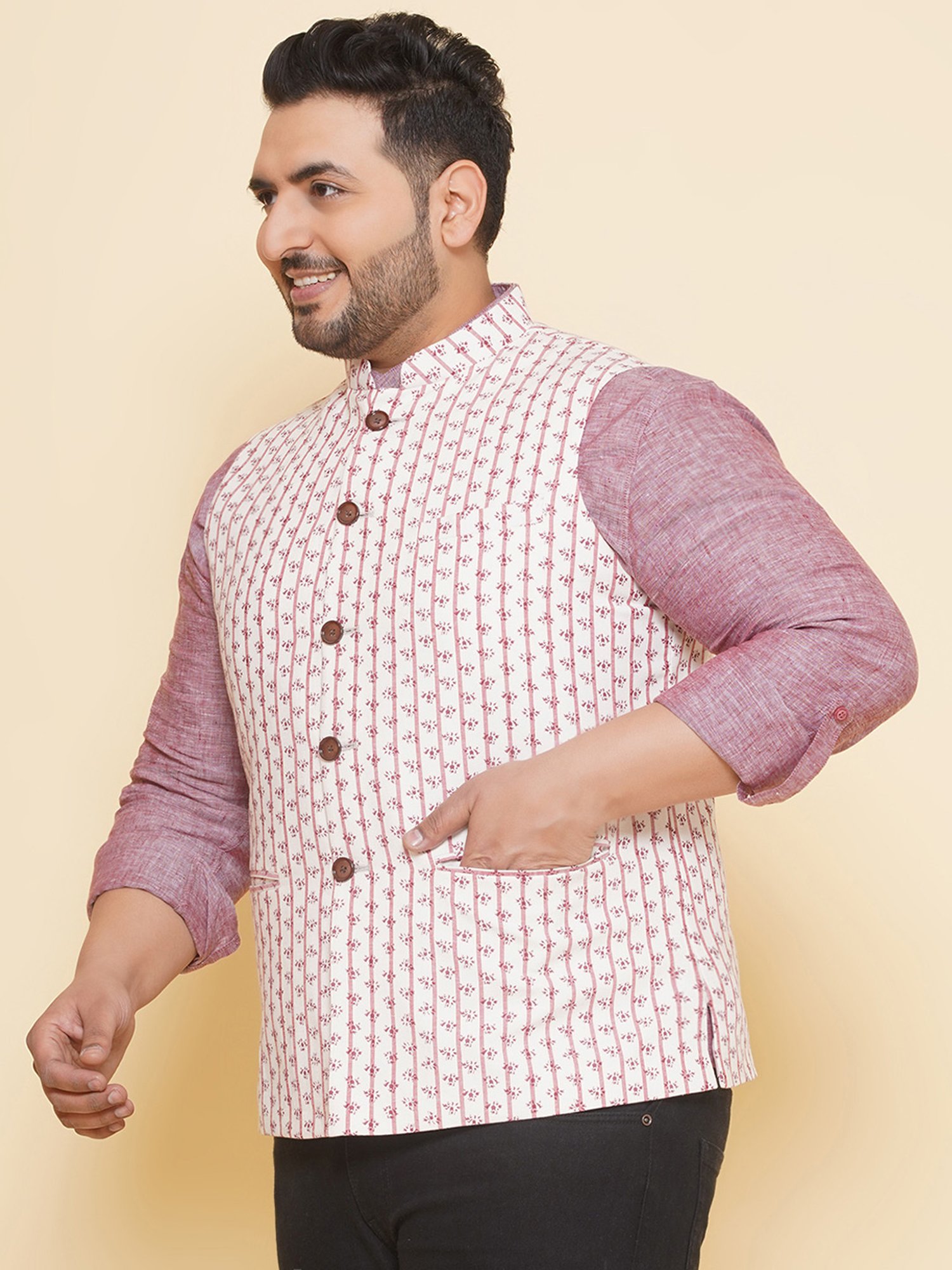 John Pride White Regular Fit Printed Plus Size Nehru Jacket