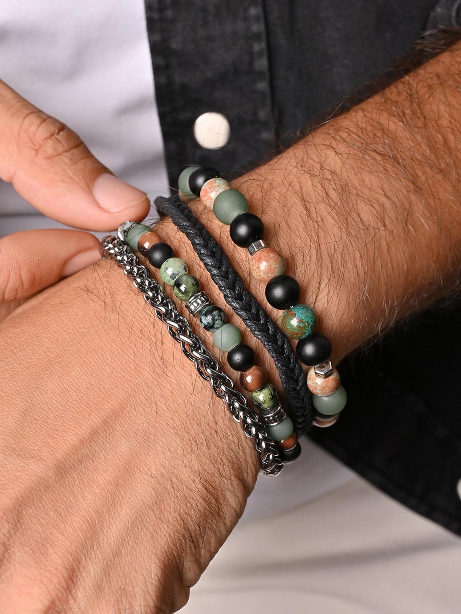 The Bro Code Aqua Green Party Men's Beaded, Cuban Link with Fabric Knotted Stack Bracelet - Set of 4