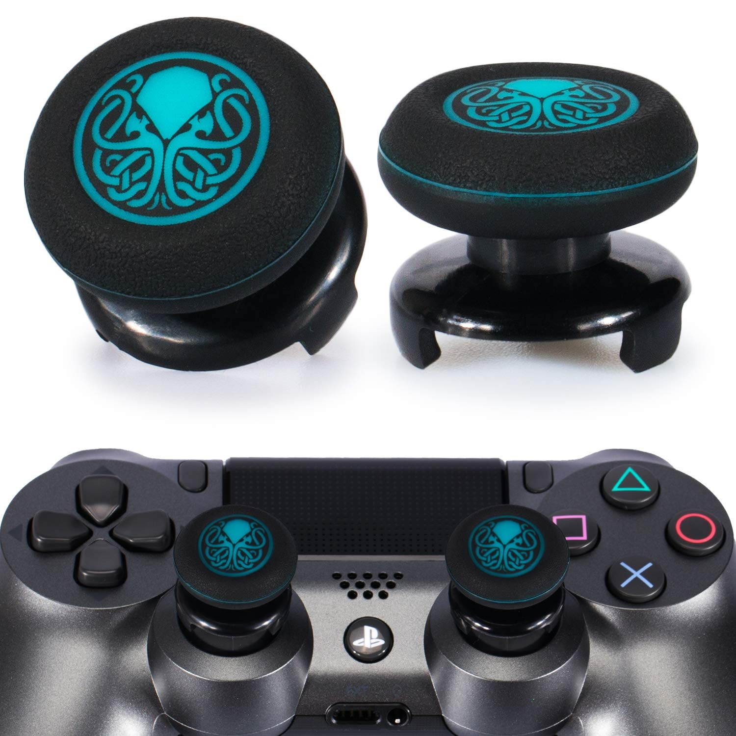 FPS Thumbstick Extender & Printing Rubber Silicone Grip Cover 2 Sets for PS5 Dualsenese & PS4 Controller (Cthulhu Abyss Blue)