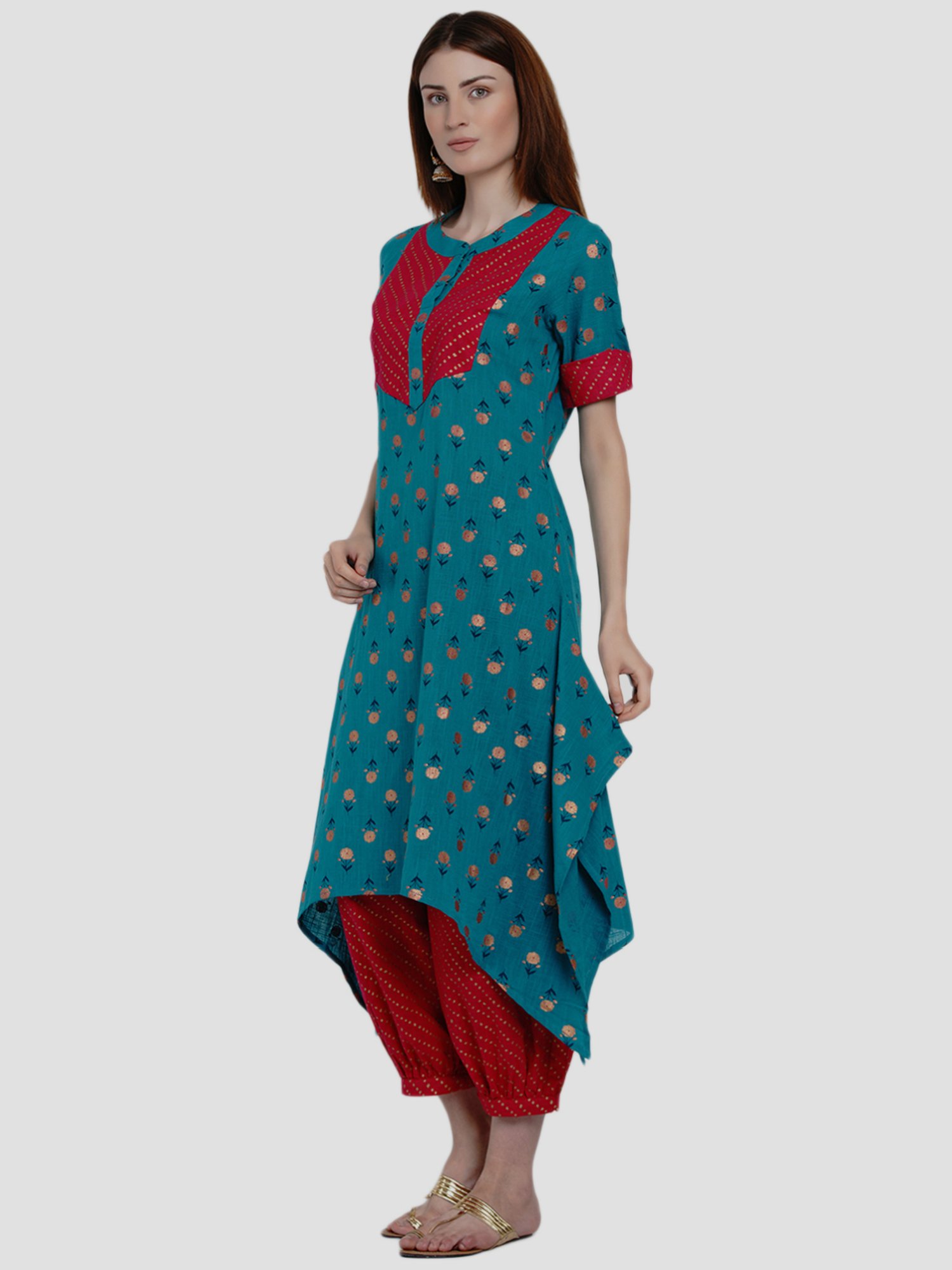 Women Republic Blue & Red Cotton Printed Kurta Salwar Set