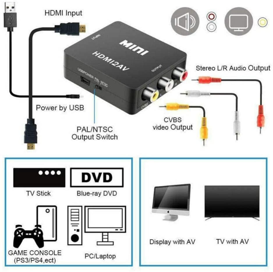 MagiDeal HDMI to RCA to AV, 1080P HDMI to AV 3RCA CVBs Composite Video Audio Convert