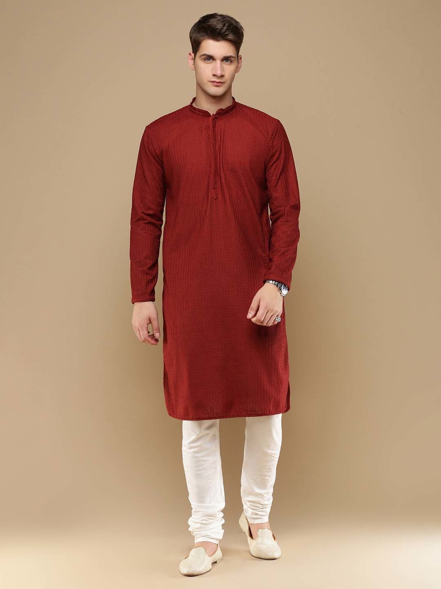 Sanwara Maroon & White Regular Fit Chikankari Kurta & Churidar Set