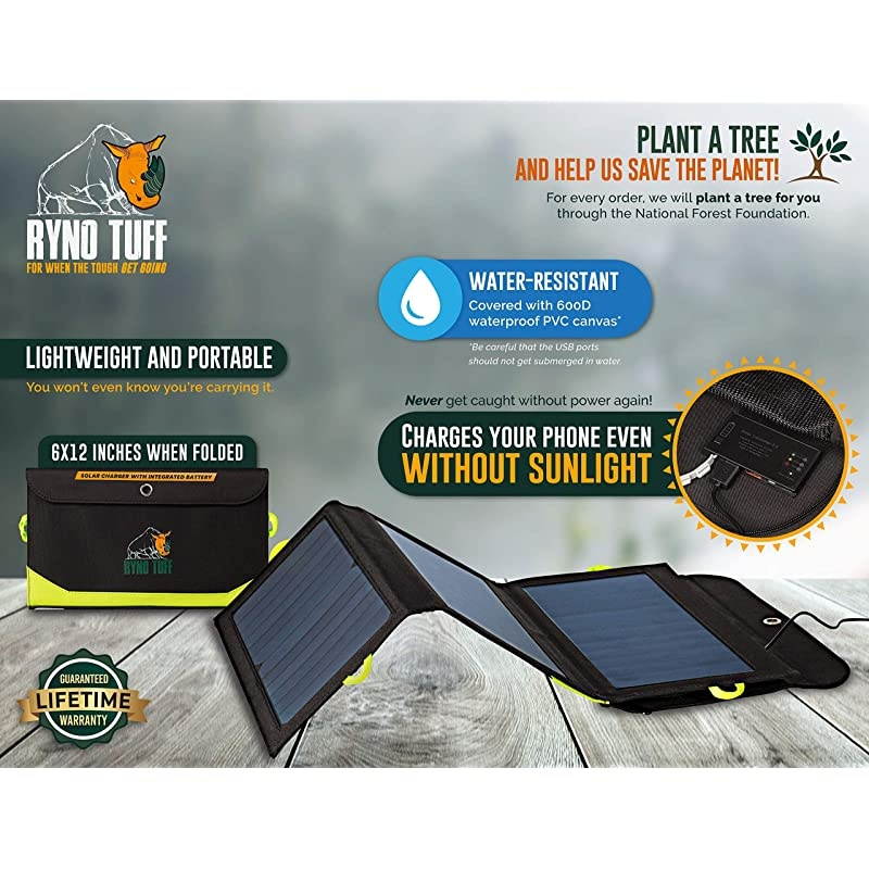 Tuff Solar Charger with Builtin Battery Power Bank 21W Dual USB Compact Durable and Waterproof Portable Solar Panel Battery Charger for Cellphones Tablets and Electronics While Camping