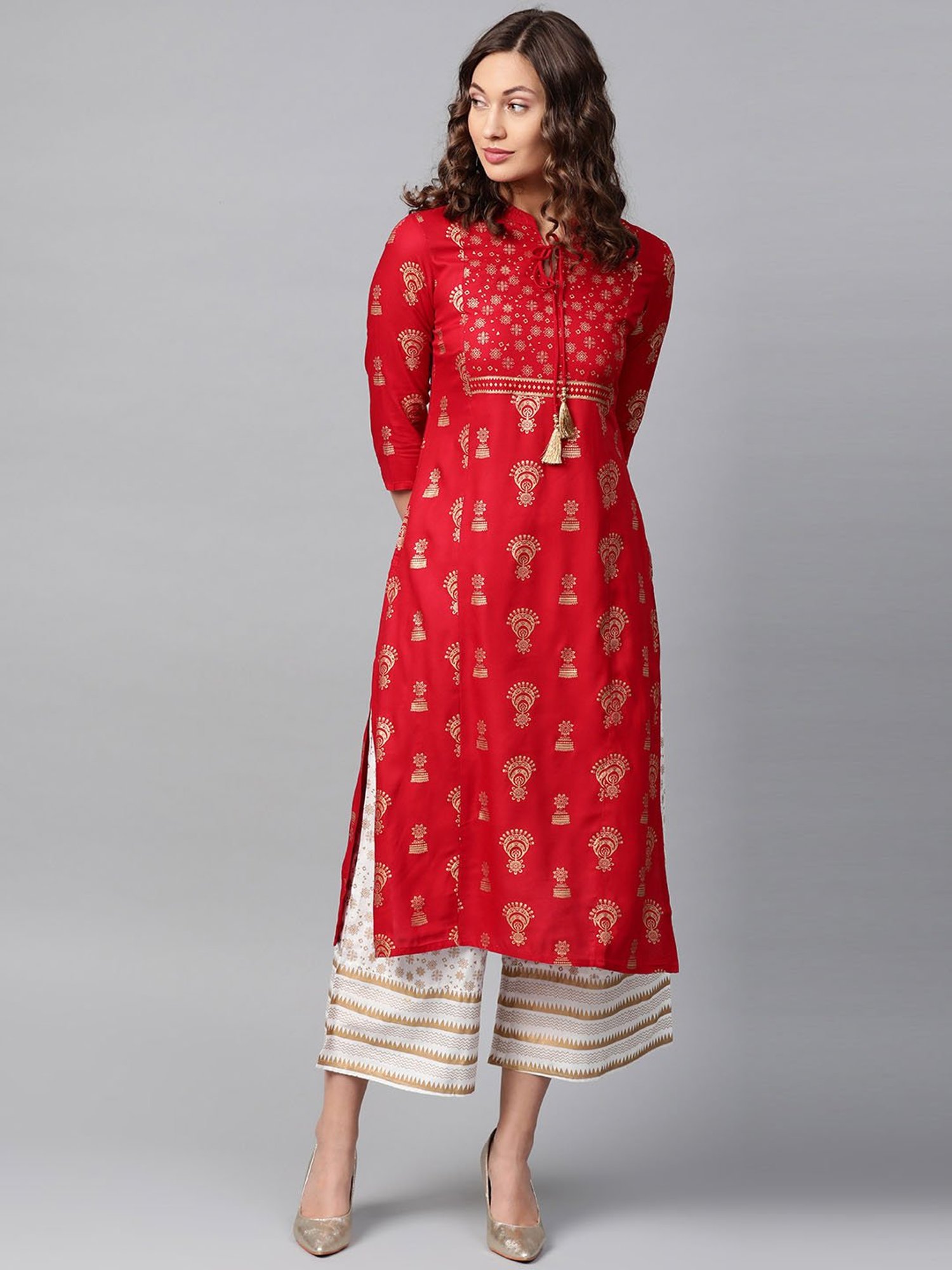 Anubhutee Maroon & White Printed Kurta Palazzo Set