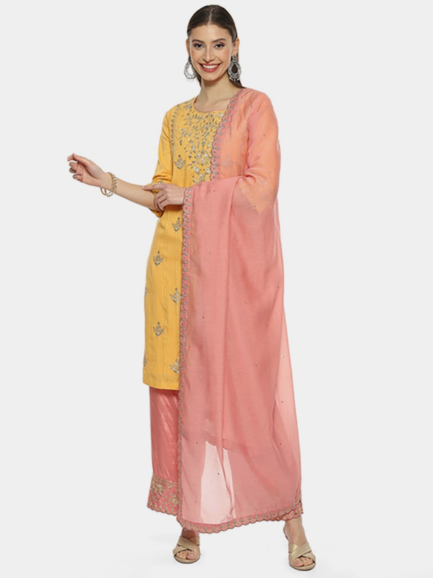 Biba Yellow & Pink Embroidered Kurta Palazzo Set With Dupatta