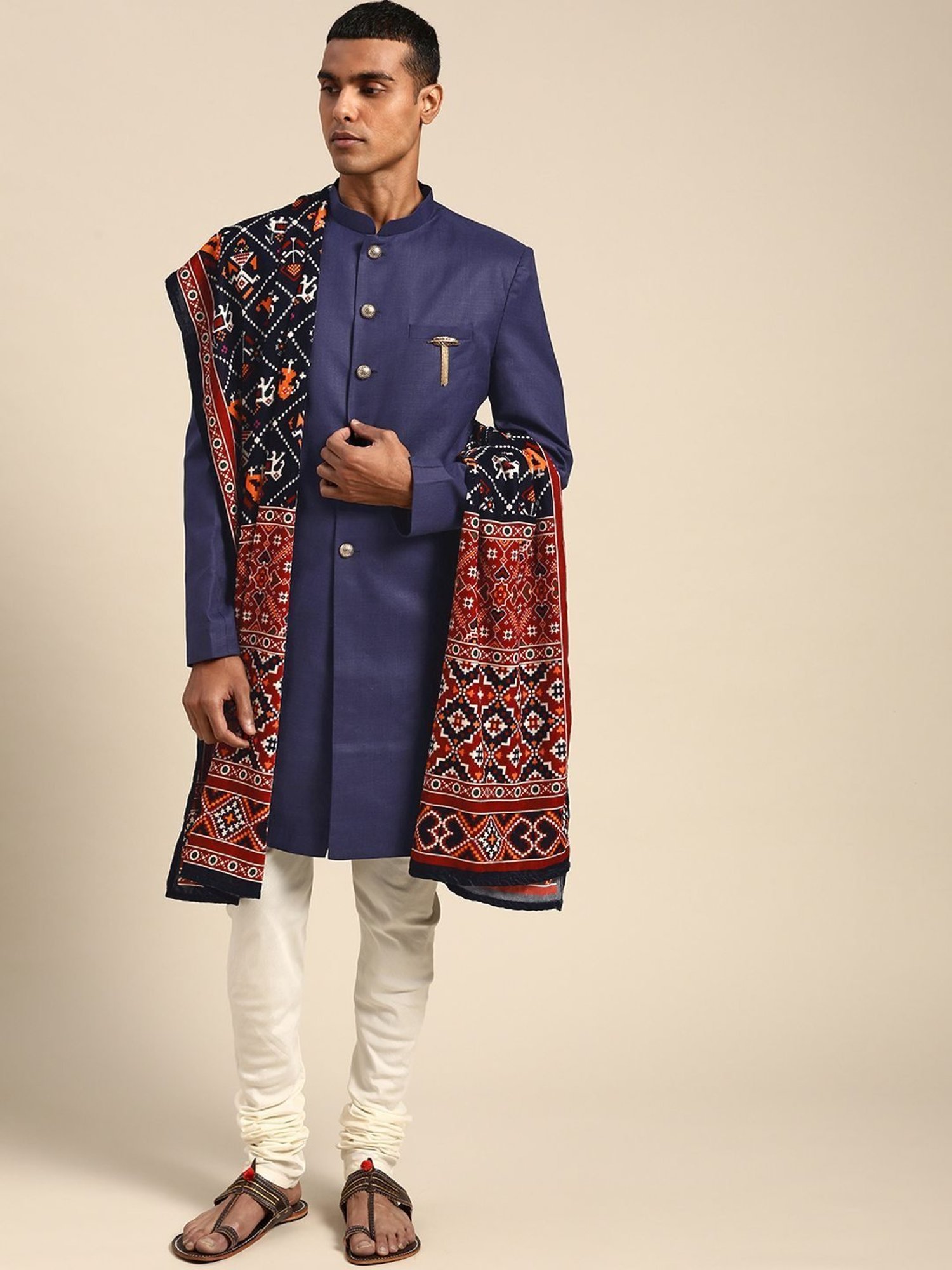 KISAH Navy Cotton Regular Fit Printed Sherwani Set