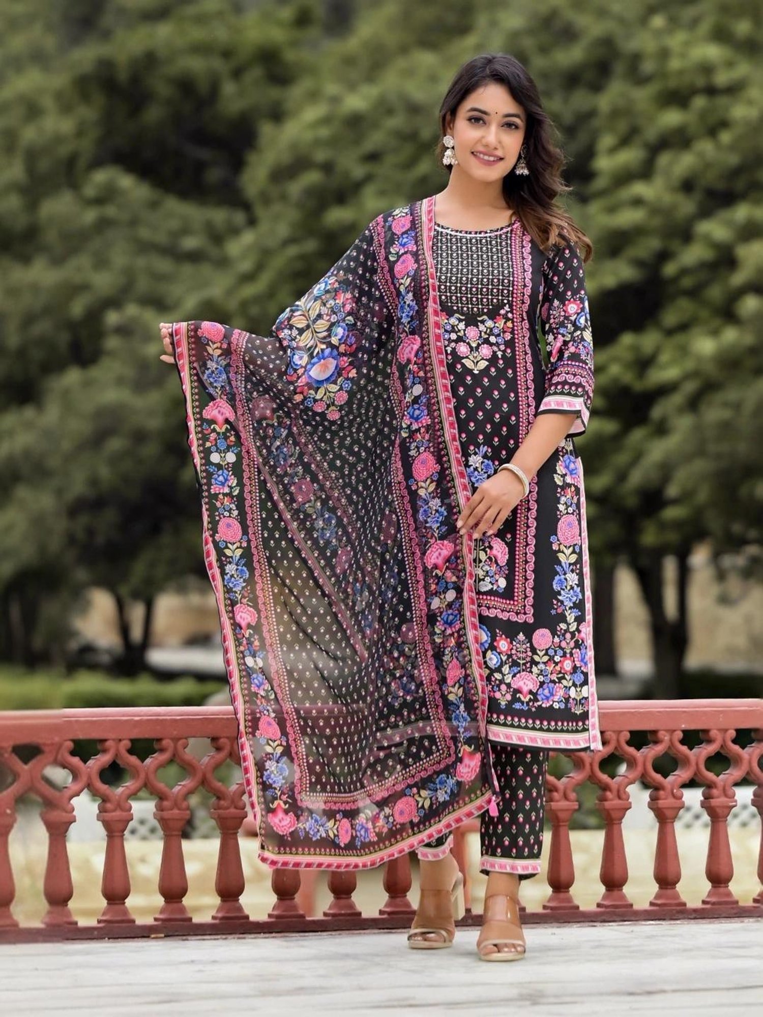 Juniper Black Floral Print Kurta Pant Set With Dupatta