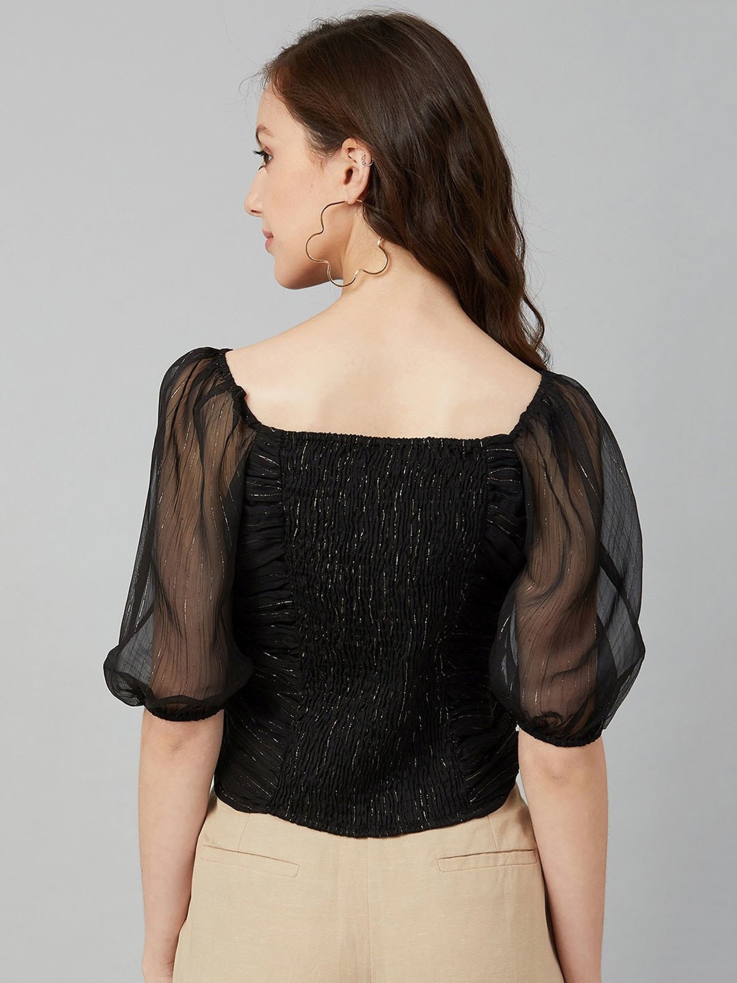 Marie Claire Black Self Design Crop Top