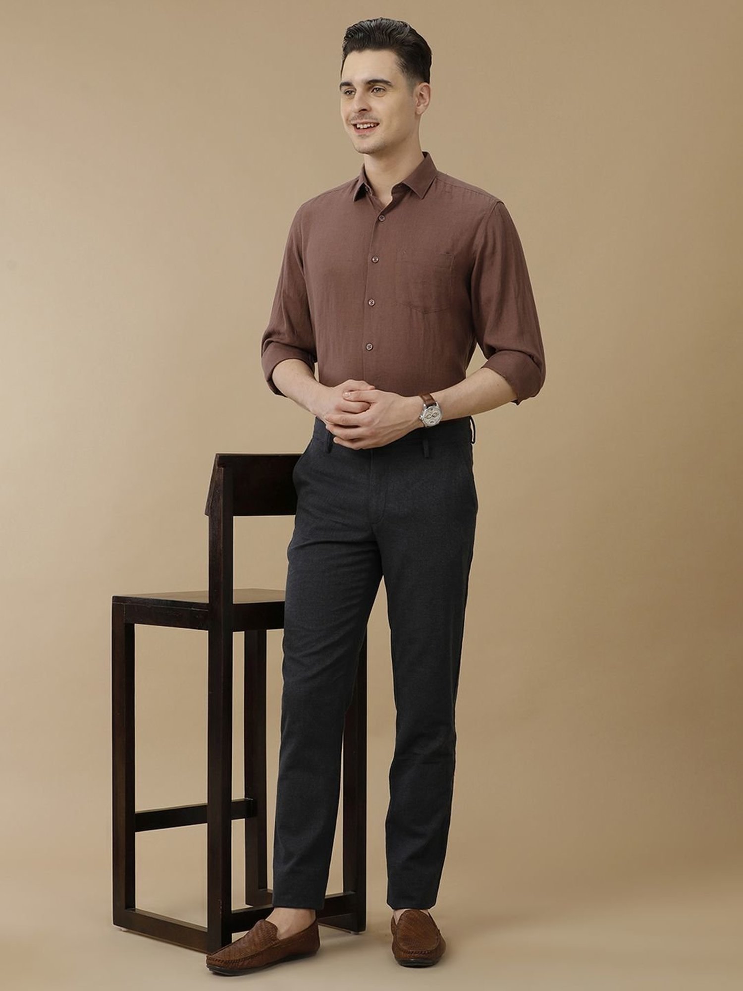 Linen Club Brown Linen Contemporary Fit Shirt