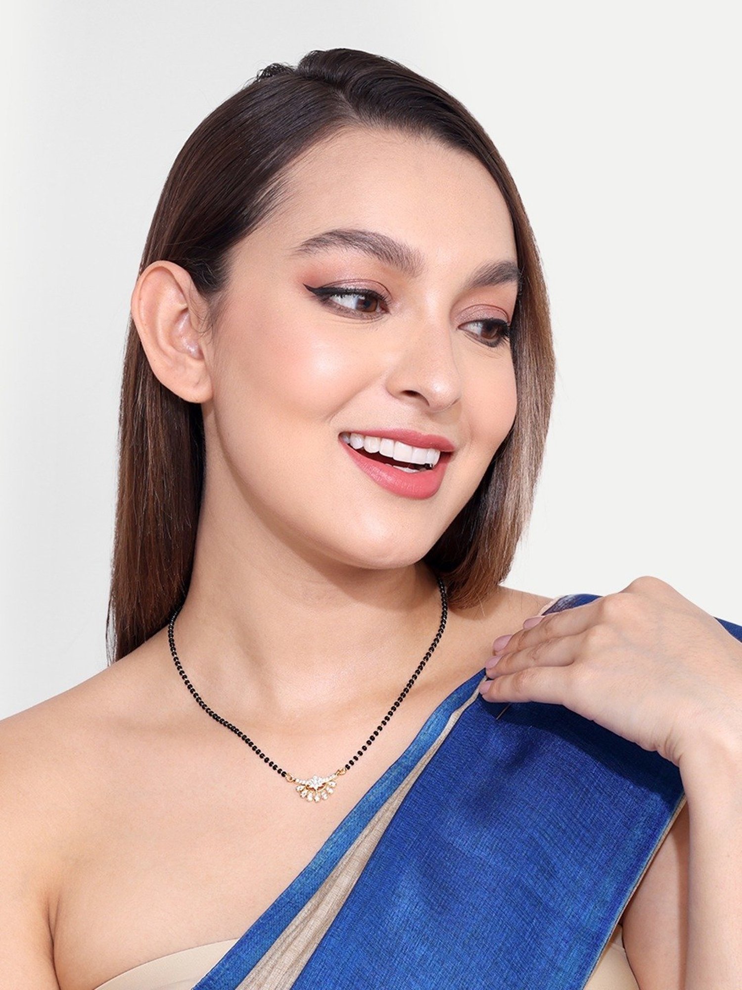 Abdesigns Gold-Plated American Diamond & Black Beaded Mangalsutra