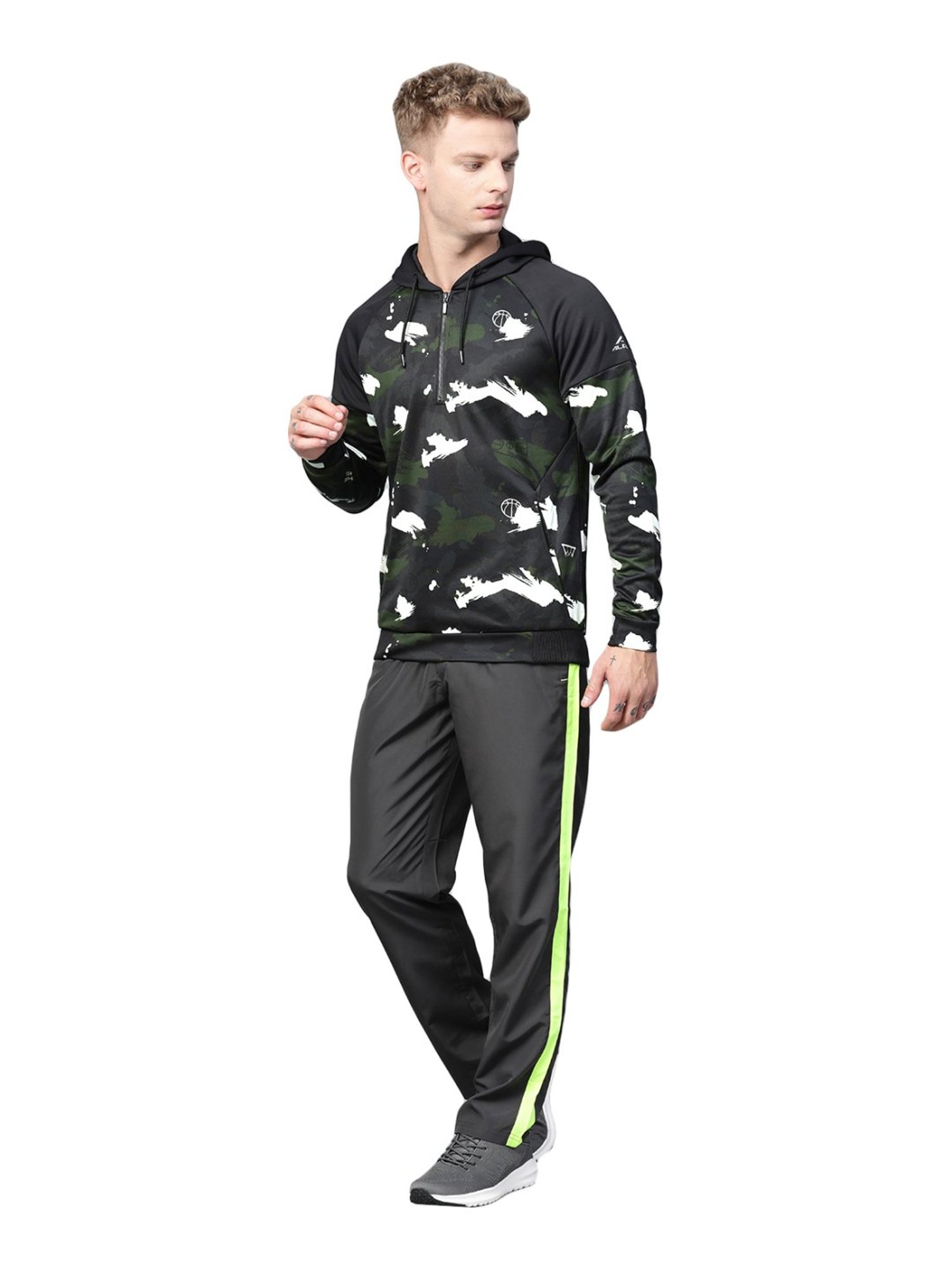 ALCIS Green & Black Regular Fit Camouflage Hooded Sweatshirt
