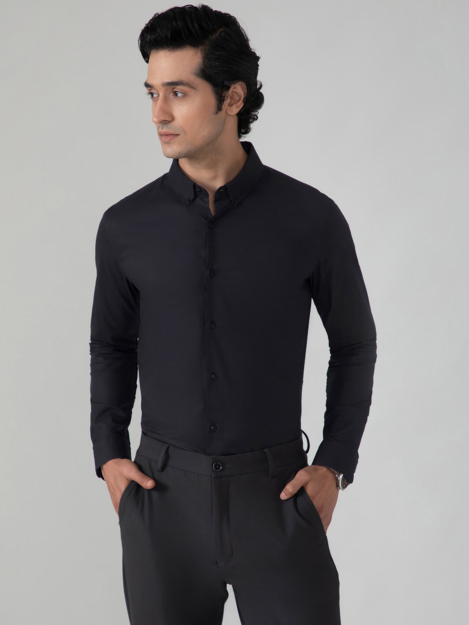 SUBTRACT Black Slim Fit Self Design Shirt