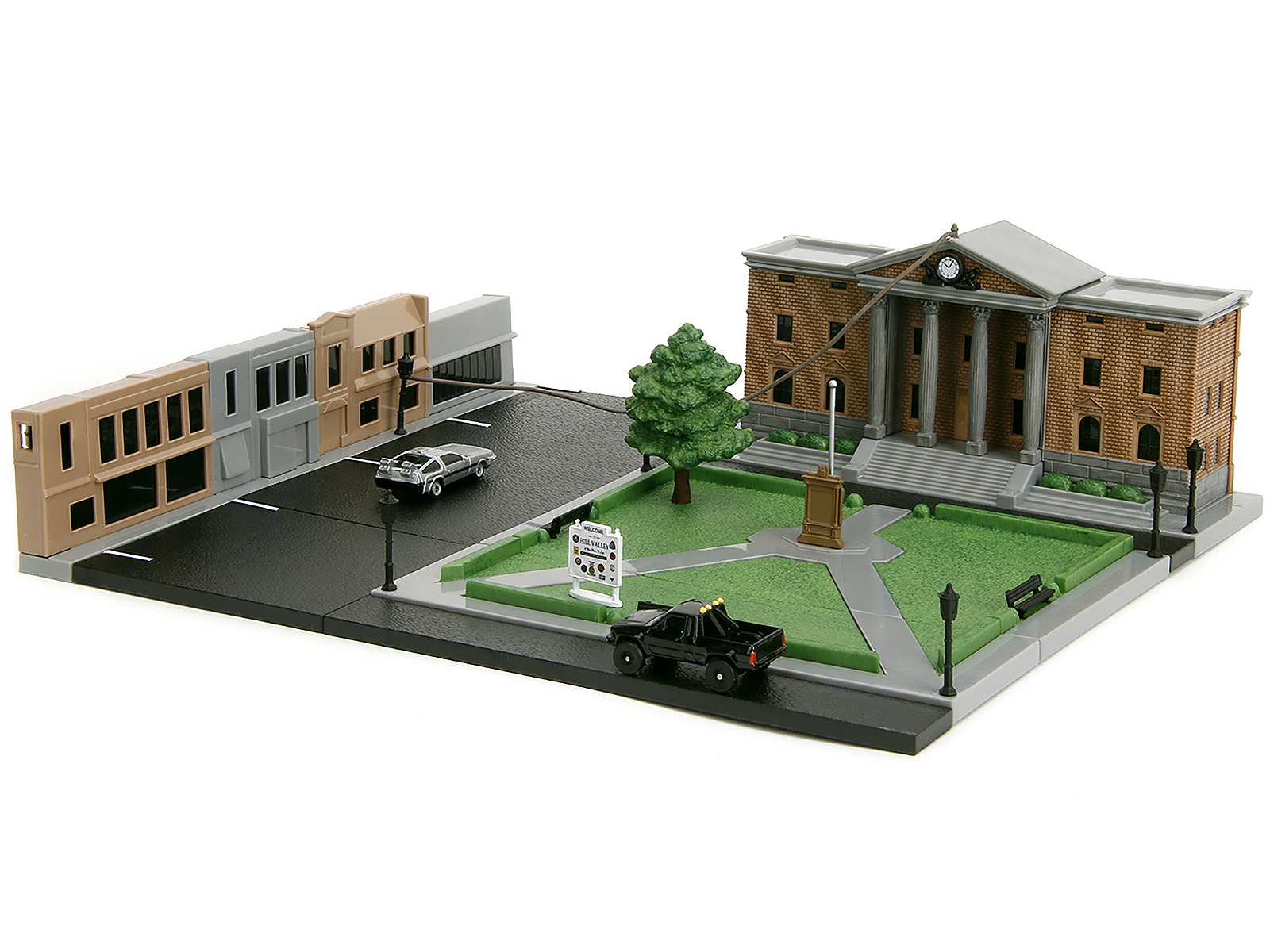 Hill Valley Courthouse Diorama with Black Pickup Truck and Delorean "Back to the Future" (1985) Movie "Nano Scene" Series Model by Jada
