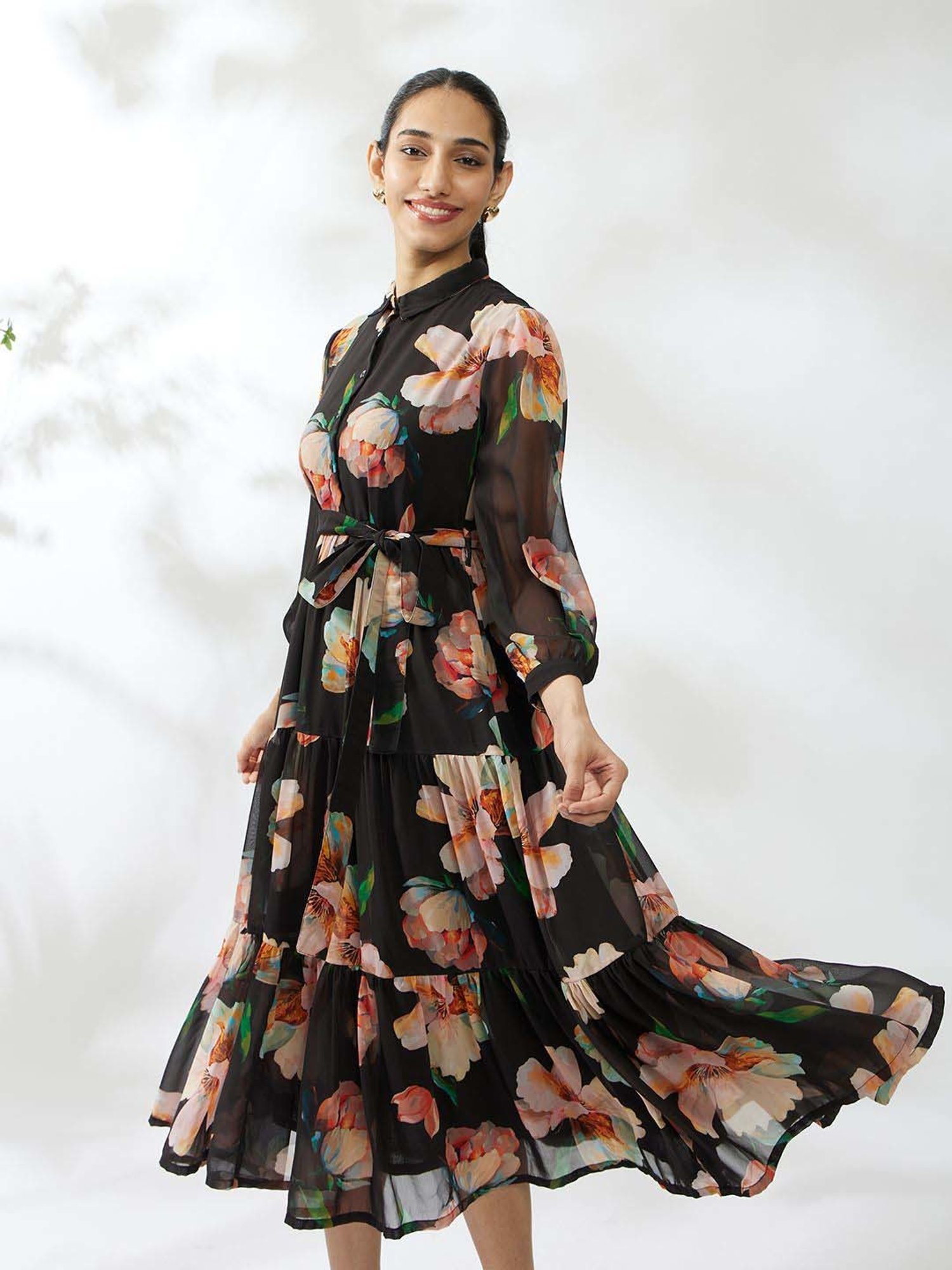 Daali Black Floral Print A-Line Dress