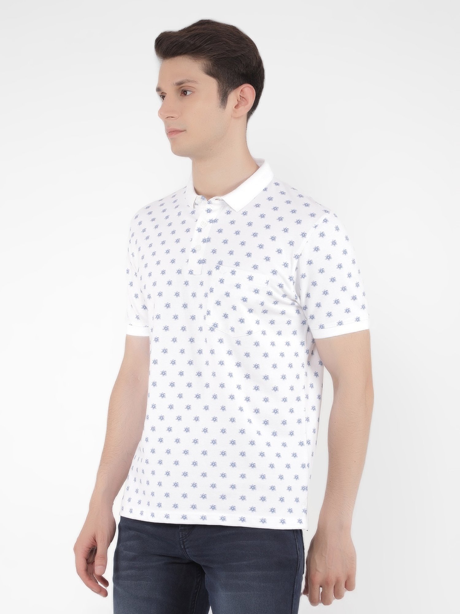 Crimsoune Club White Cotton Slim Fit Floral Print Polo T-Shirt
