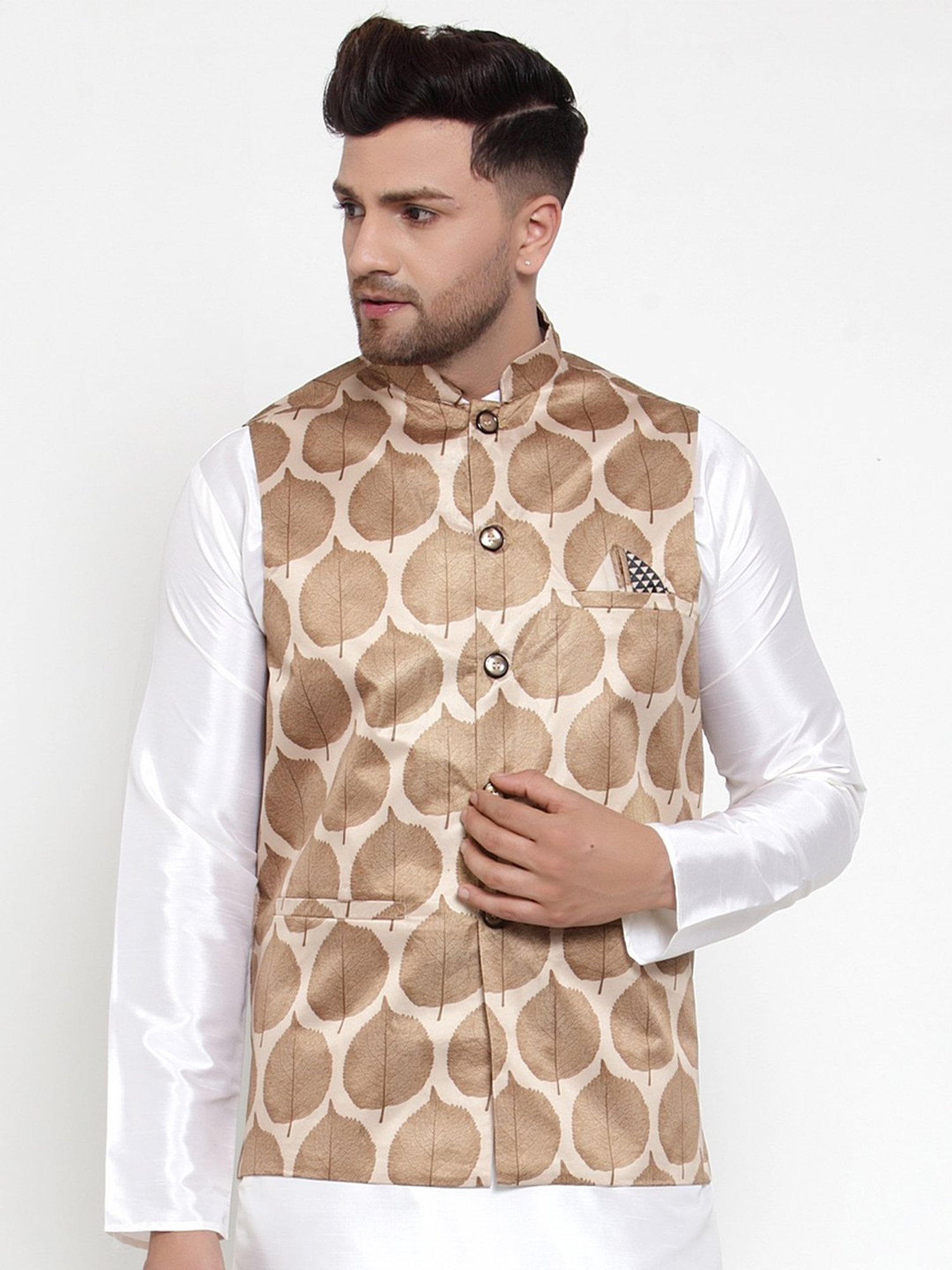 Jompers Brown Regular Fit Tropical Print Nehru Jacket