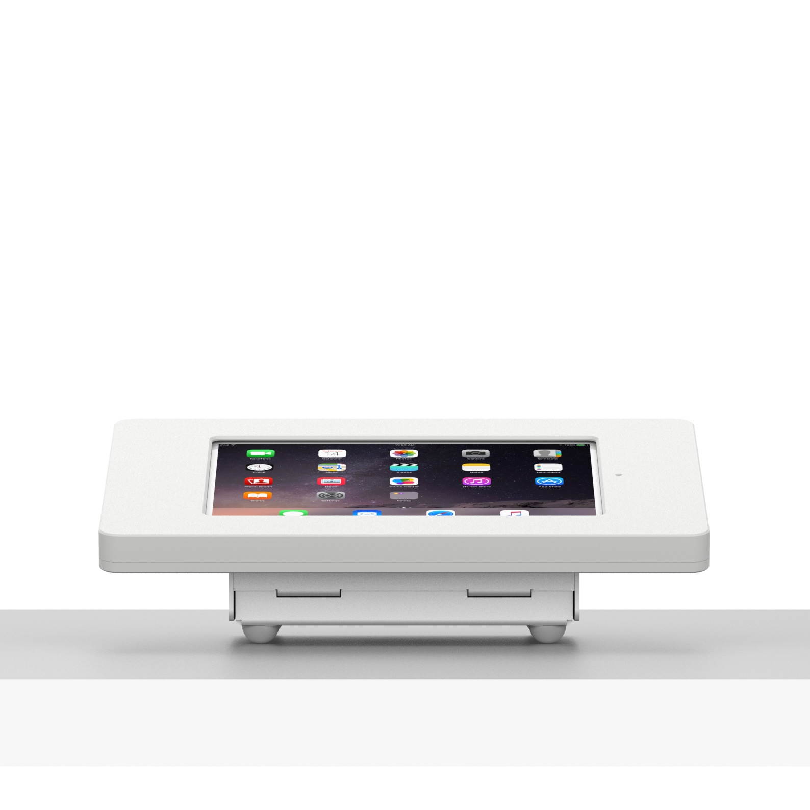 VidaMount White Home Button Covered Enclosure and Fixed Tilted 15&deg; Desk / Surface Mount [Bundle] compatible with iPad Mini 1/2/3