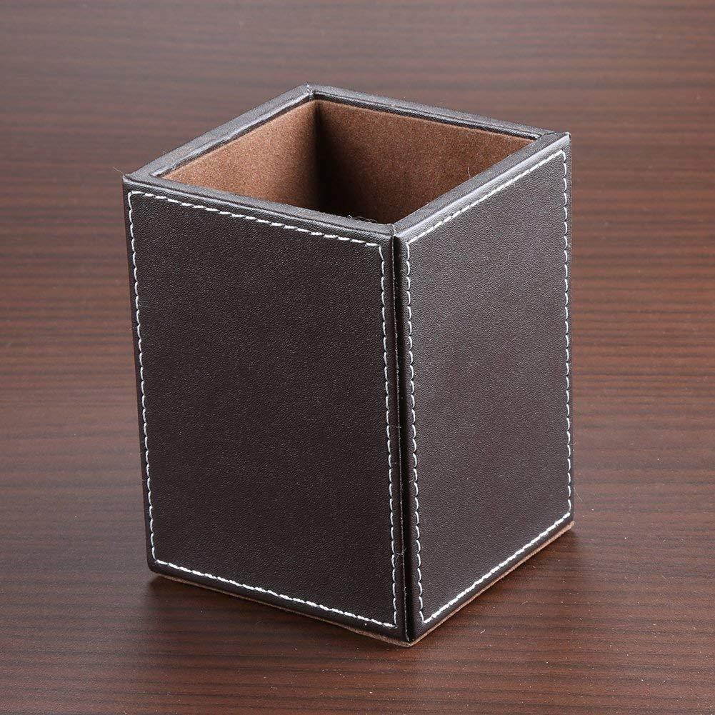 KINGFOM PU Leather Square Pens Pencils Holder Cup Desktop Stationery Organizer Case Office Accessories Container Box Brown
