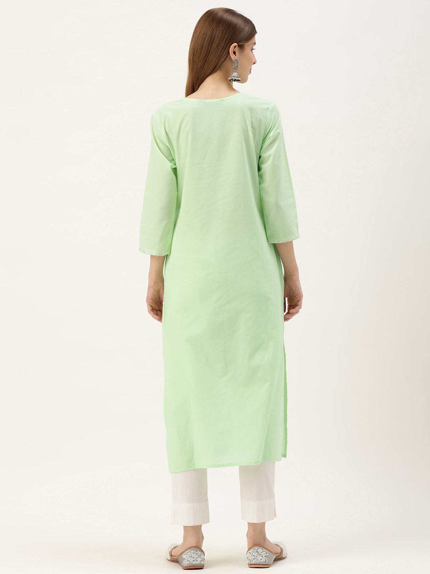 Amukti Light Green Cotton Embroidered A Line kurta