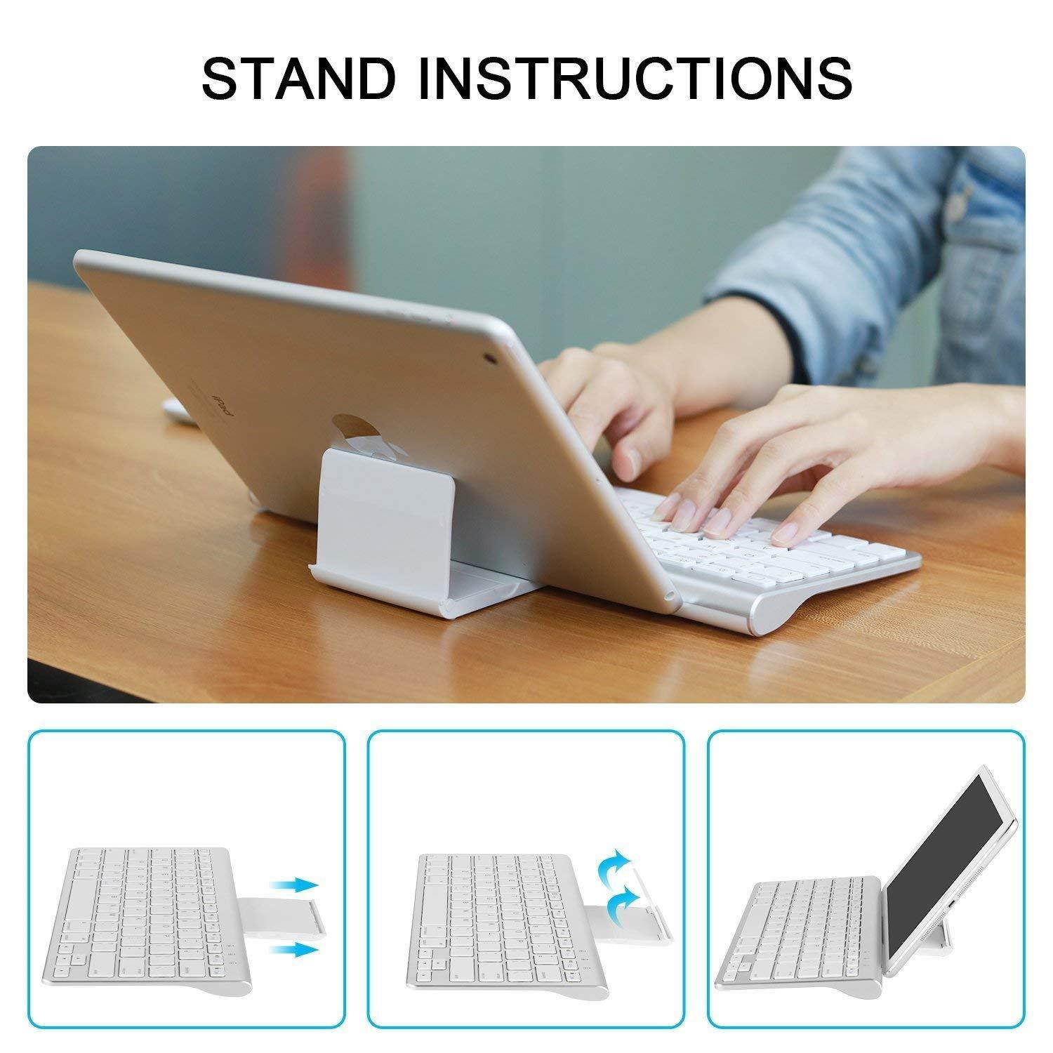 OMOTON Ultra-Slim Bluetooth Keyboard with Sliding Stand for New iPad 2018, iPad 2017, iPad Pro, iPad Mini 4/3/2/1, iPad 4/3/2, iPhone 8/8 Plus, iPhone X and other Bluetooth Enabled Devices, White