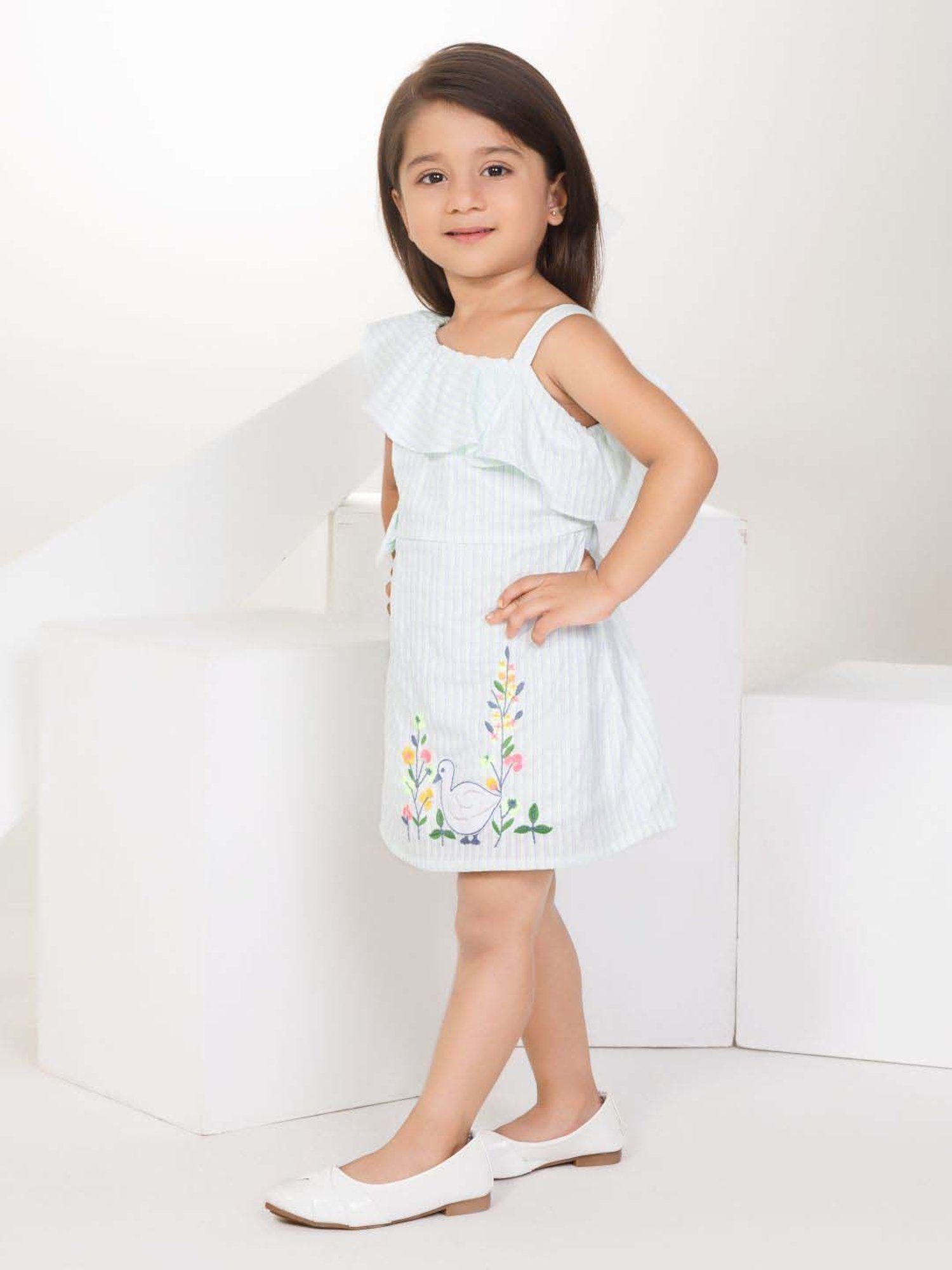 Peppermint Girls Teal Cotton Striped Dress