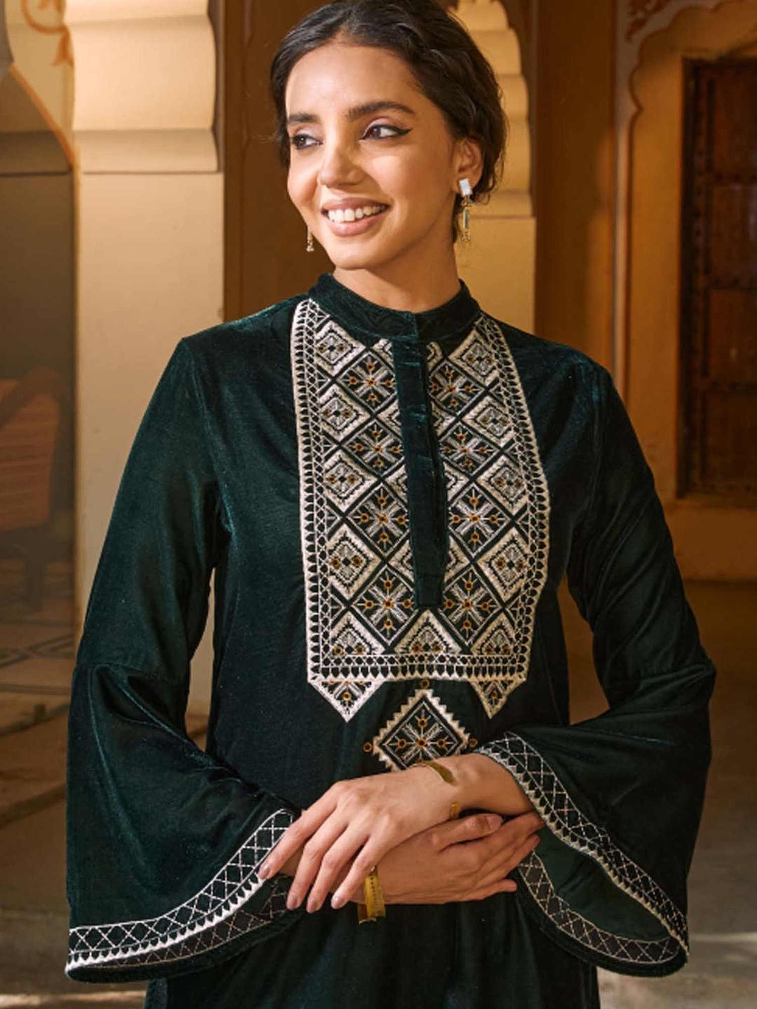 Rustorange Green Embroidered A Line Kurta