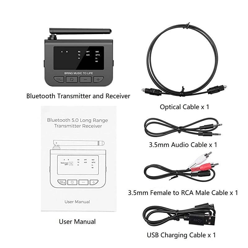 164FT Long Range Bluetooth Transmitter Receiver with Audio PassThru for TV Stereo 40ms Low Latency 3in1 Wireless AUX Adapter with Digital Optical 35mm RCA Always On Plug Play
