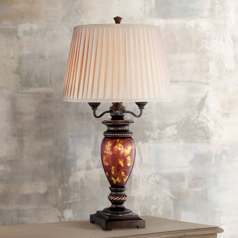 Barnes and Ivy Traditional Table Lamp Bronze Metal Urn Tortoise Shell Glass Off White Pleated Shade for Living Room Family Bedroom