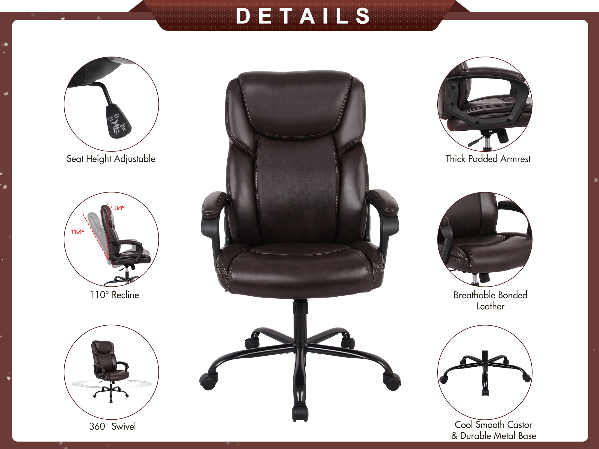 RIMIKING Office Chair - Executive Computer Task Desk Chair, PU Leather Reclining Adjustable Seat Height Swivel Ergonomic Design for Lumbar Support