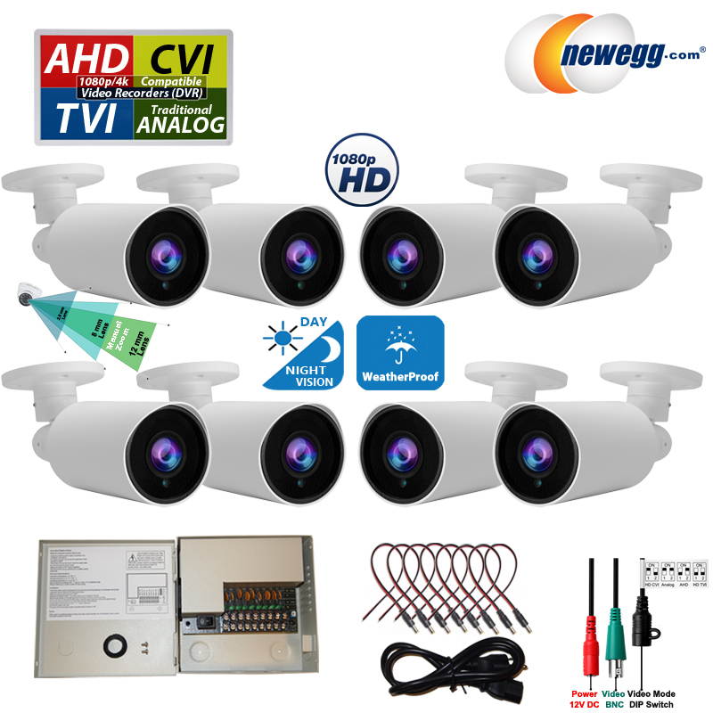 Evertech 8 pcs 1080P HD TVI AHD CVI Day Night Vision Indoor/Outdoor CCTV Security Camera w/ Power Supply