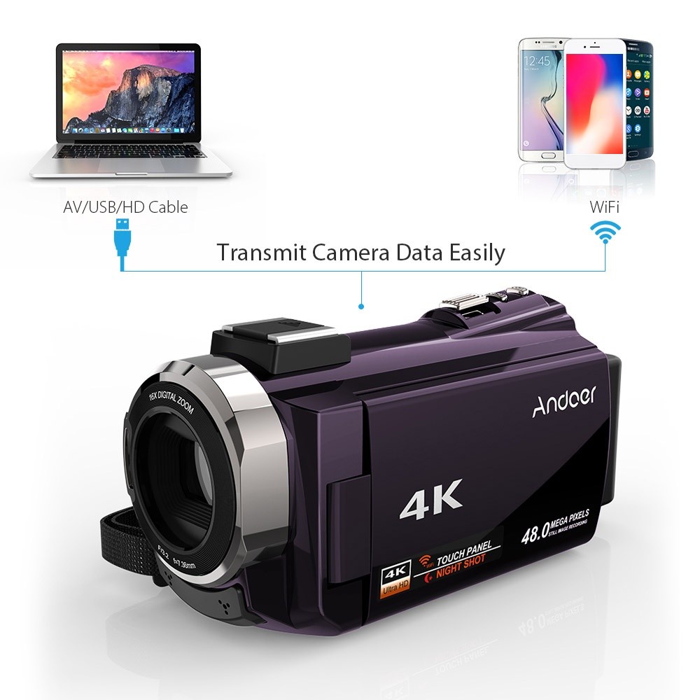 Andoer 4K 1080P 48MP WiFi Digital Video Camera Camcorder Recorder with 2pcs Rechargeable Batteries + External Microphone Novatek 96660 Chip 3inch Capacitive Touchscreen IR Infrared Night Sight