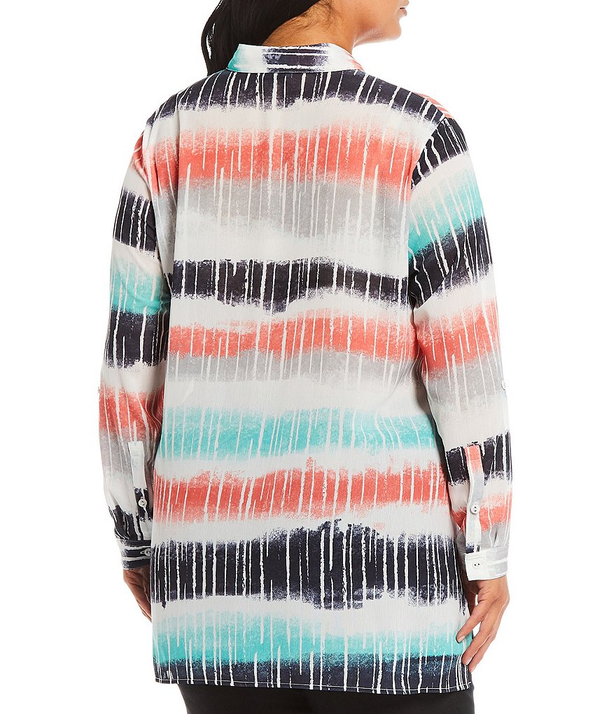 Multiples Plus Size Ombre Stripe Crinkle Woven Point Collar Neck Roll-Tab Long Sleeve Hi-Low Button Down Shirt