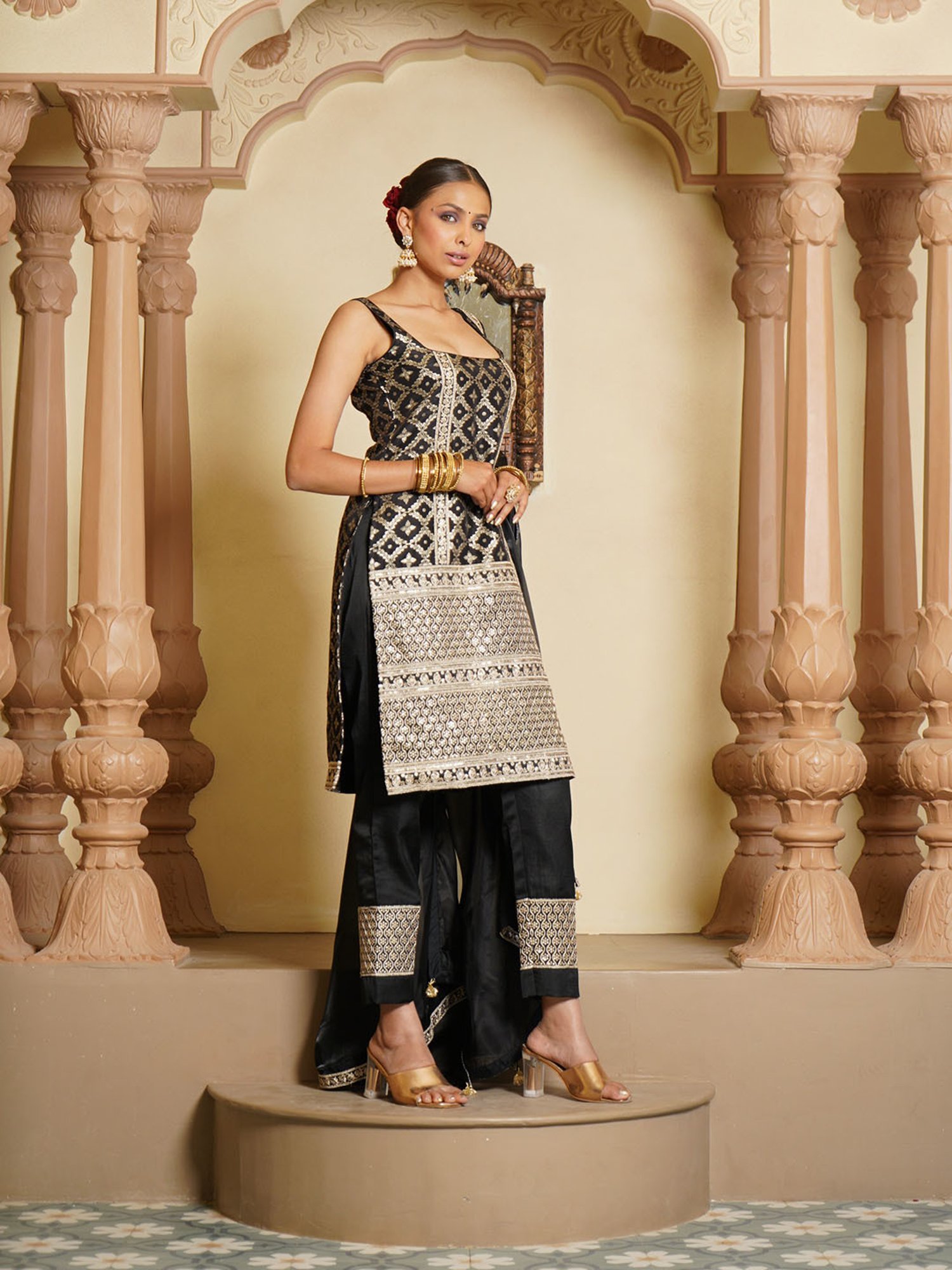 Monk and Mei Sara Brocade Kurta, Sharara & Dupatta