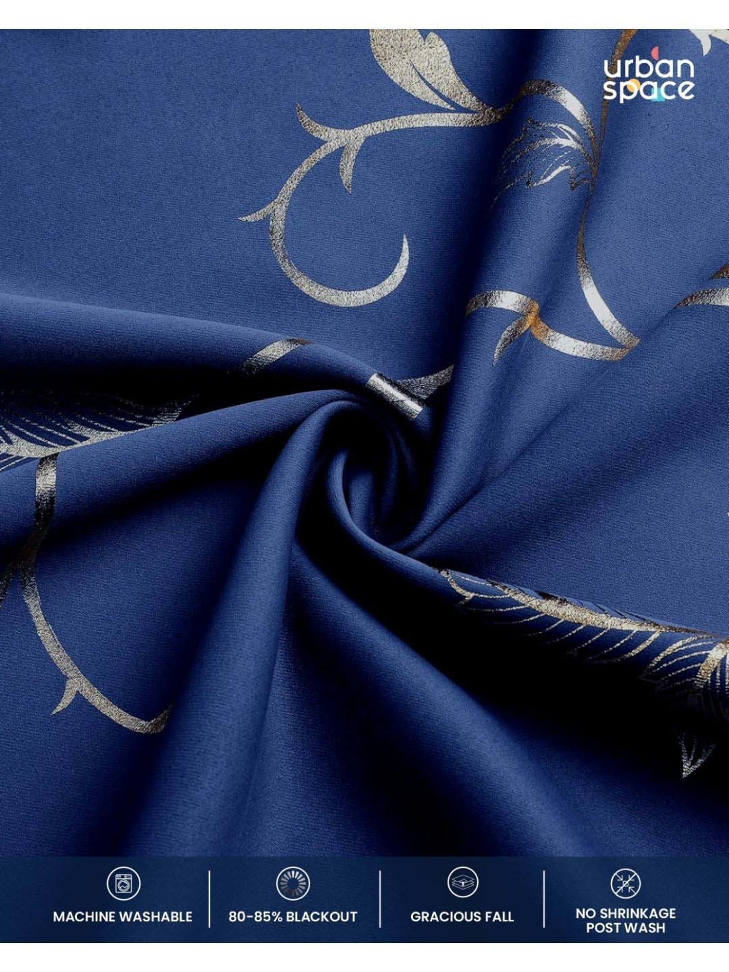 Urban Space Gold Leaf Navy Blue Polyester Black Out Long Door Curtain