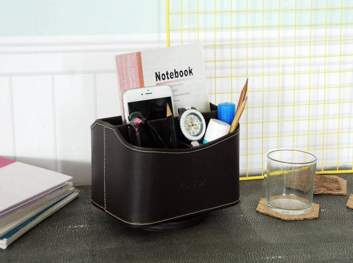 Spinning Remote Caddy, Media Storage Organizer, Remote Control Holder Organizer, Remote Caddy, Brown PU Leather, 7.3X 5.5 x 6 inches