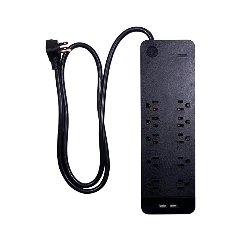 Black Strip Sur Protector Charr 10 Outlets 2 USB Ports Fast Char Flat Plug Long Power Cord 4 Feet Wall Mount Warranty 37746 4 ft