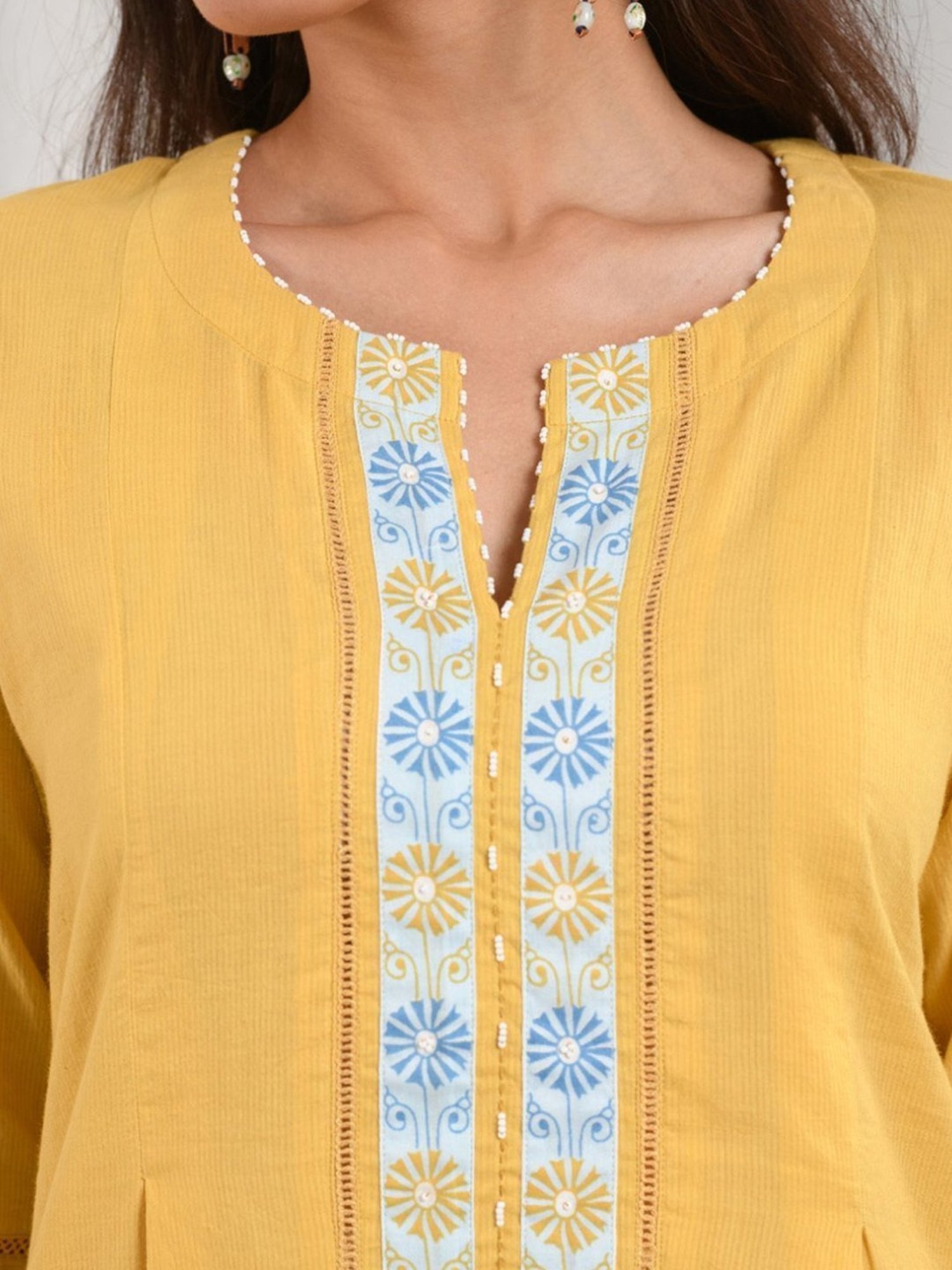 Prakriti Jaipur Yellow Embroidered Dobby Kurta