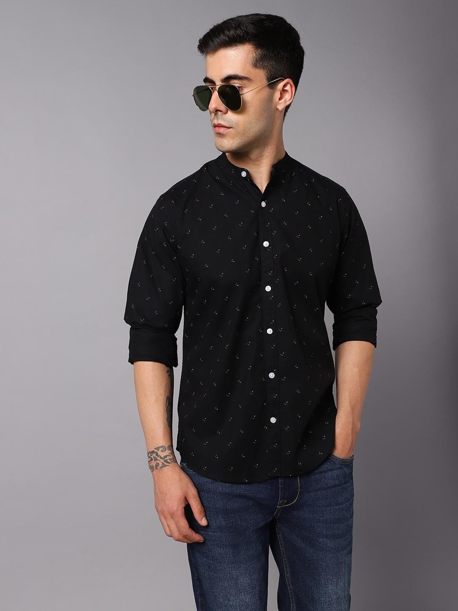 High Star Black Cotton Regular Fit Printed Shirt