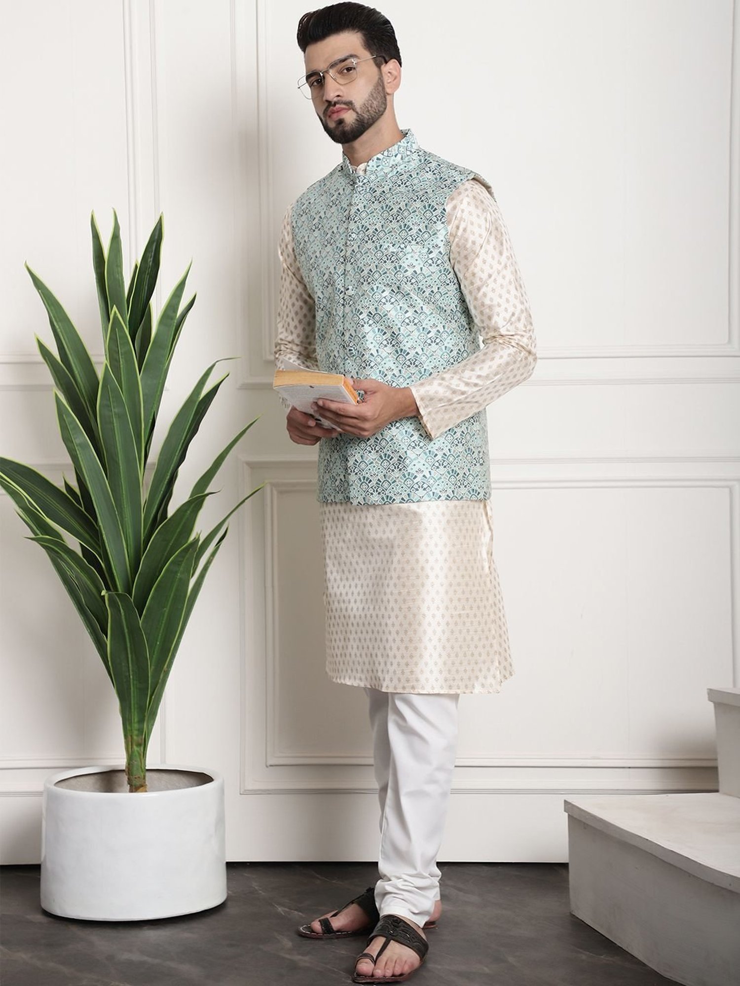 Sojanya Teal Regular Fit Self Pattern Nehru Jacket