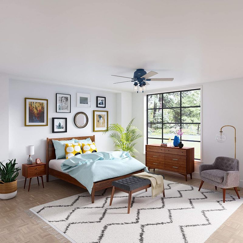 Hunter Fan Company Hartland Low Profile 52" Indoor Home Ultra Quiet Ceiling Fan w/ Light Gray Oak Blades, Pull Chain, & LED Lights, Indigo Blue